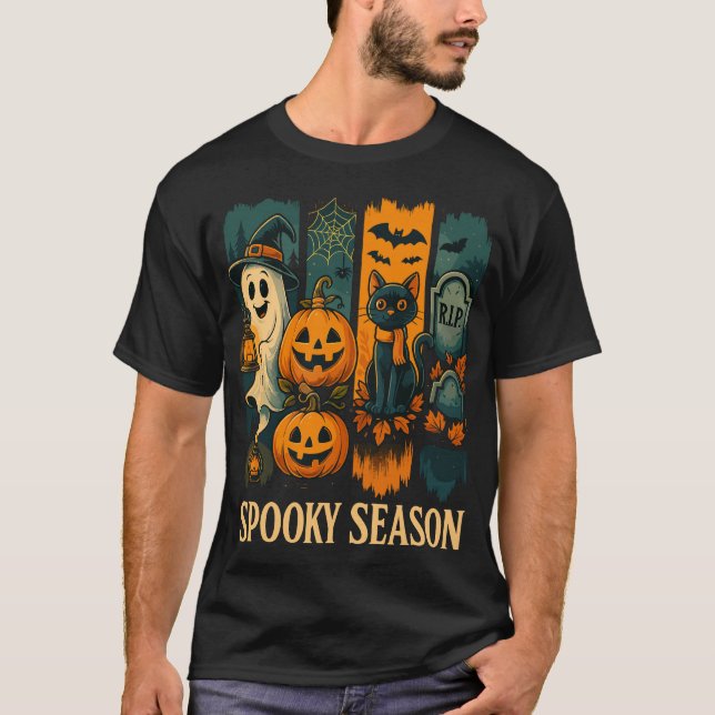 Spooky Season Halloween – Ghost, Pumpkins, Cat T-Shirt (Front)