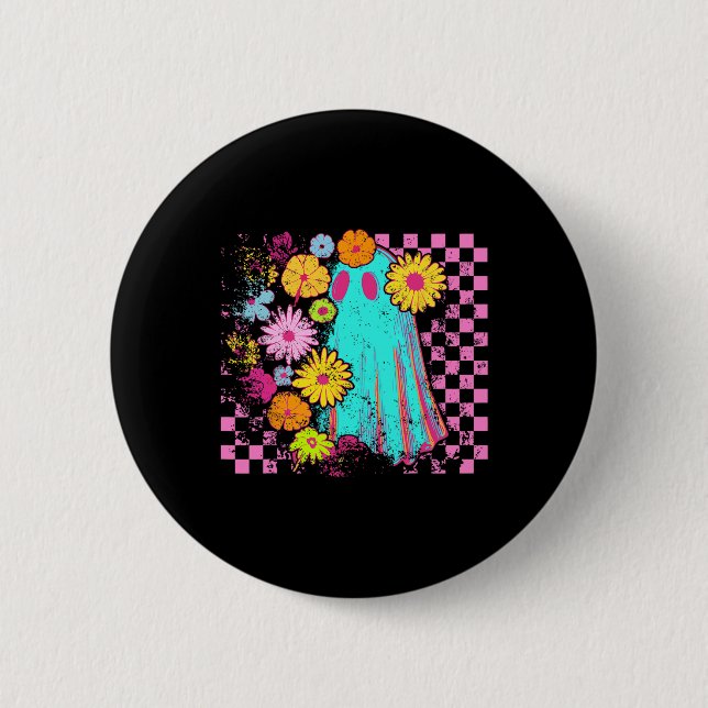 Spooky Season Happy Halloween Funny Ghost Wildflow Button (Front)