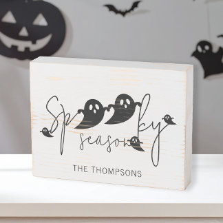 Spooky Season Lettering With Ghosts And Name Wooden Box Sign