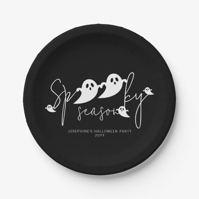 Spooky Season Personalized Ghost Script Halloween Paper Plates (Front)