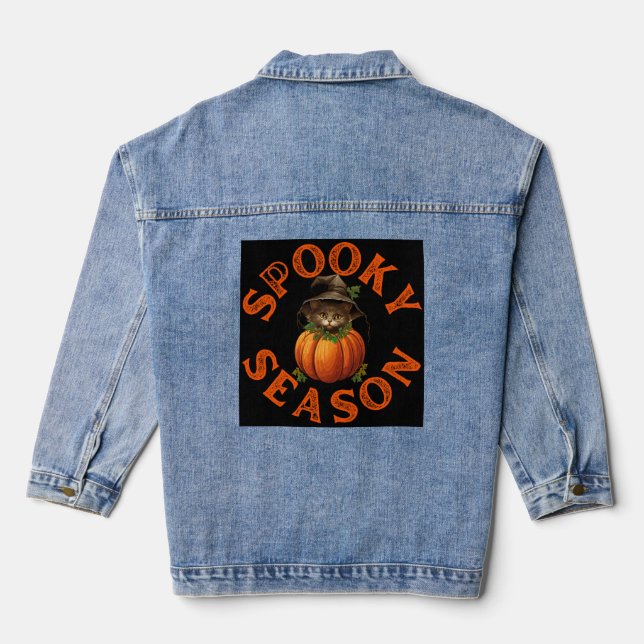 Spooky Season Pumpkin Cat Denim Jacket (Back)