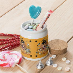 Spooky Season Pumpkin Golden Retriever Halloween Candy Jar