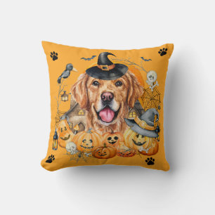 Spooky Season Pumpkin Golden Retriever Halloween Throw Pillow