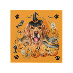 Spooky Season Pumpkin Golden Retriever Halloween Wood Wall Art