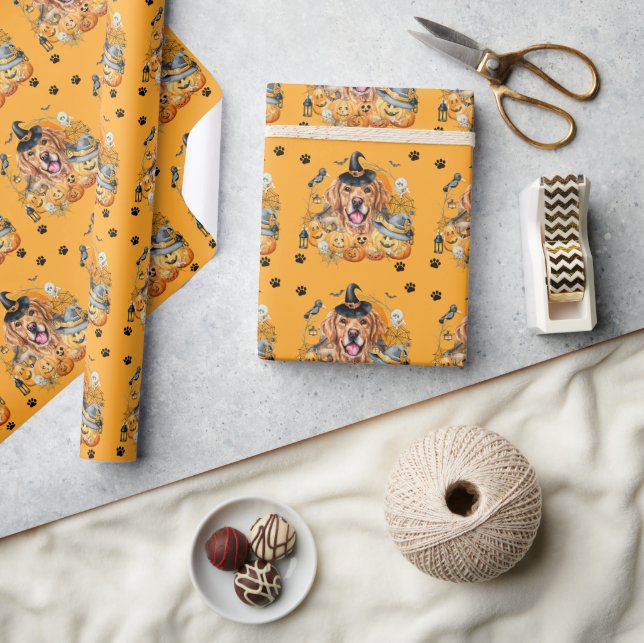 Spooky Season Pumpkin Golden Retriever Halloween Wrapping Paper (Crafts)
