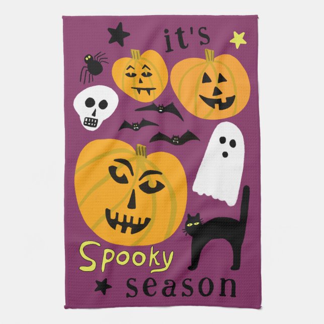 Spooky Season Pumpkins Ghost Bat HALLOWEEN Autumn Kitchen Towel (Vertical)