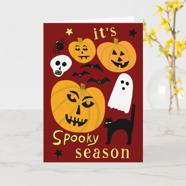 Spooky Season Pumpkins Ghost Bat HAPPY HALLOWEEN Card (Yellow Flower)