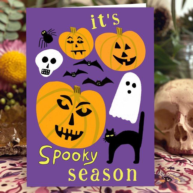 Spooky Season Pumpkins Ghost Bat HAPPY HALLOWEEN Card (Spooky Season Pumpkins Ghost Bat HAPPY HALLOWEEN October Autumn Cute Hand-drawn Card
)