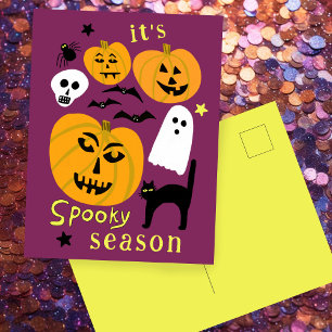 Spooky Season Pumpkins Ghost Bat HAPPY HALLOWEEN Postcard