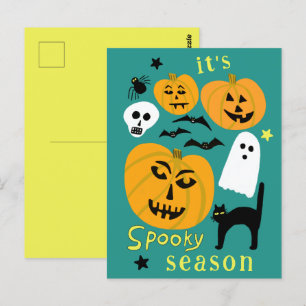 Spooky Season Pumpkins Ghost Bat HAPPY HALLOWEEN Postcard