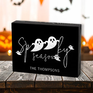 Spooky Season Text And Ghosts Black Halloween Wooden Box Sign