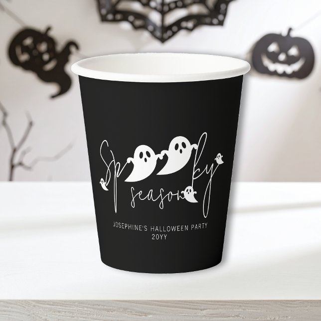 Spooky Season Text White Ghosts On Black Halloween Paper Cups (Creator Uploaded)