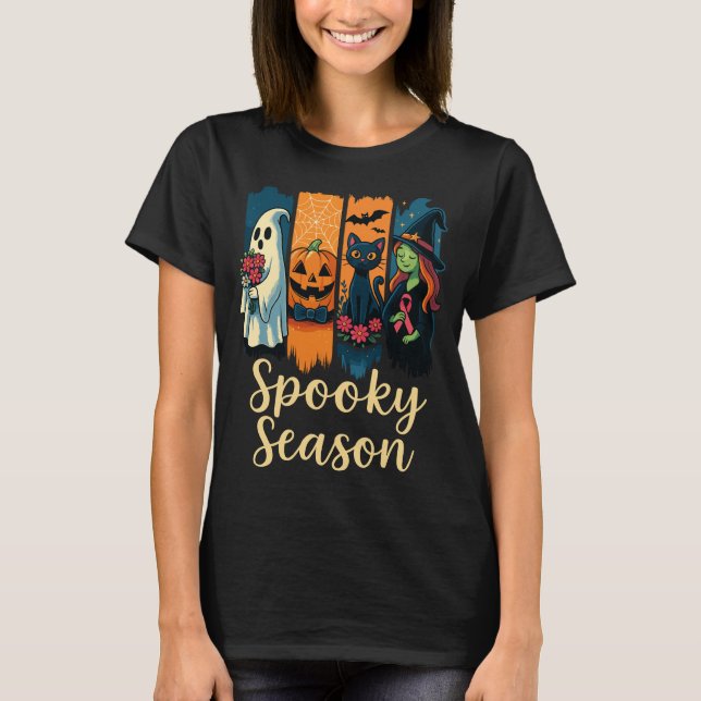 Spooky Season with Pink Ribbon Halloween Awareness T-Shirt (Front)