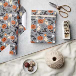 Spooky Seasonal Gray Halloween Pattern Wrapping Paper
