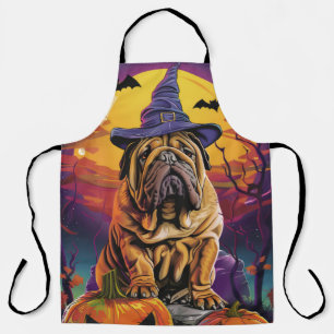 Spooky Shar Pei Dog Halloween Witch And Pumpkin Apron