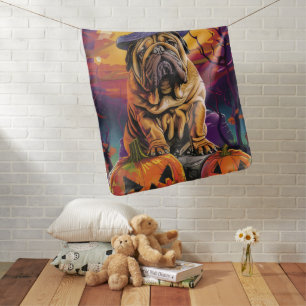 Spooky Shar Pei Dog Halloween Witch And Pumpkin Baby Blanket