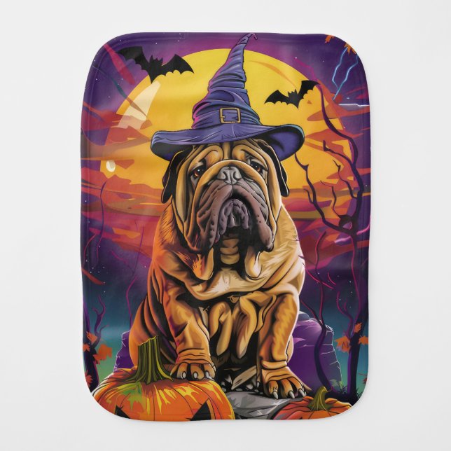 Spooky Shar Pei Dog Halloween Witch And Pumpkin Baby Burp Cloth (Front)