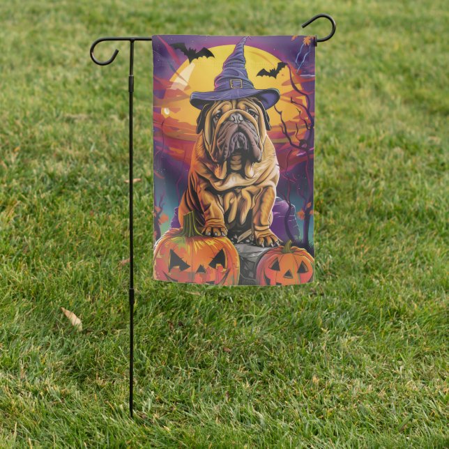 Spooky Shar Pei Dog Halloween Witch And Pumpkin Garden Flag (In SItu)