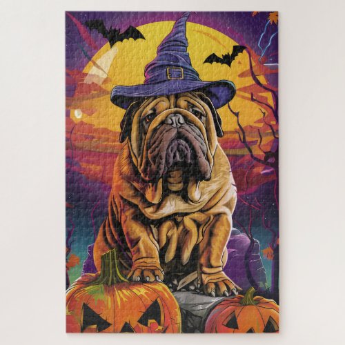 Spooky Shar Pei Dog Halloween Witch And Pumpkin Jigsaw Puzzle