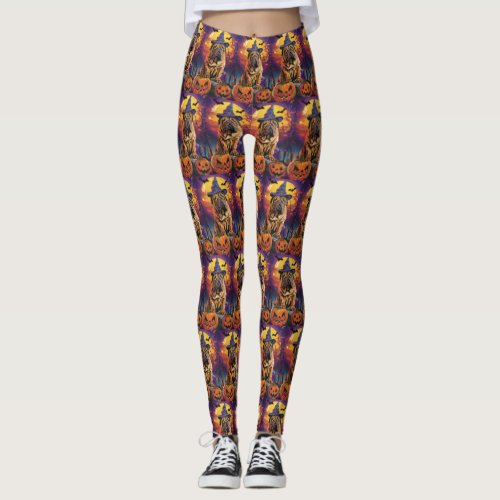 Spooky Shar Pei Dog Halloween Witch And Pumpkin Leggings