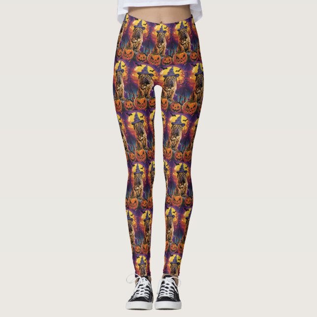 Spooky Shar Pei Dog Halloween Witch And Pumpkin Leggings (Front)