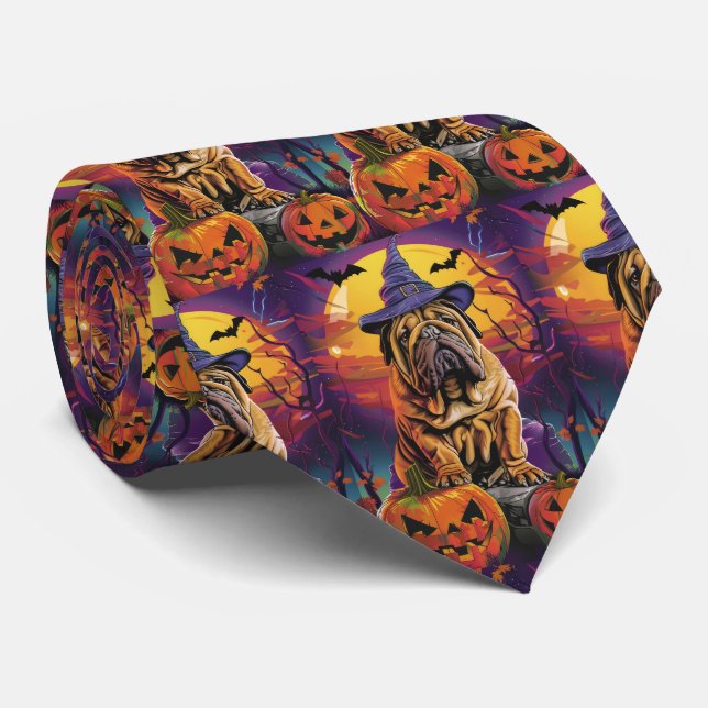 Spooky Shar Pei Dog Halloween Witch And Pumpkin Neck Tie (Rolled)