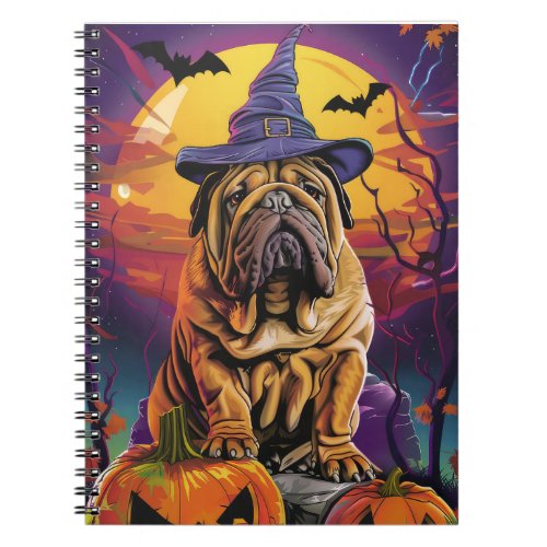 Spooky Shar Pei Dog Halloween Witch And Pumpkin Notebook