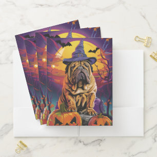 Spooky Shar Pei Dog Halloween Witch And Pumpkin Pocket Folder