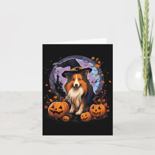 Spooky Sheltie Dog Witch Halloween Card (Front)