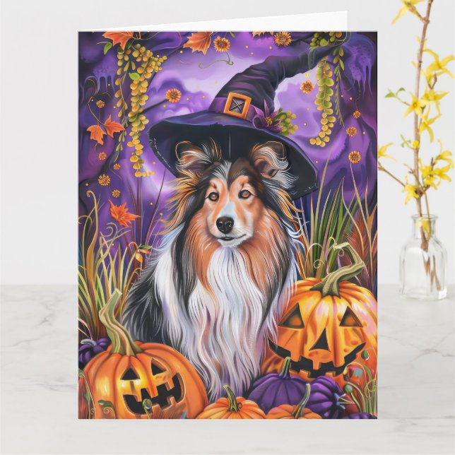 Spooky Shetland Sheepdog Halloween Witch Pumpkin Card (Yellow Flower)