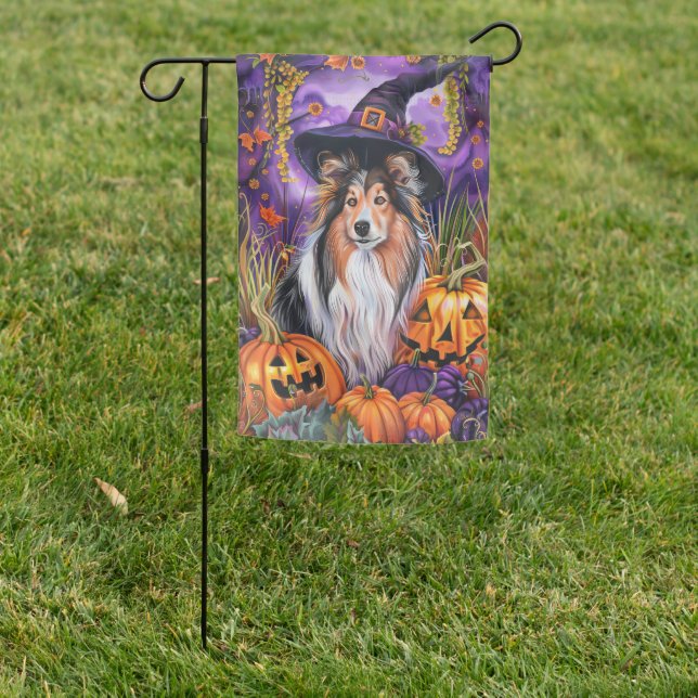Spooky Shetland Sheepdog Halloween Witch Pumpkin Garden Flag (In SItu)