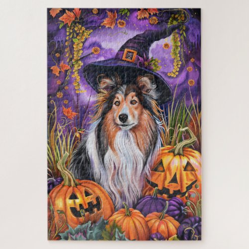 Spooky Shetland Sheepdog Halloween Witch Pumpkin Jigsaw Puzzle