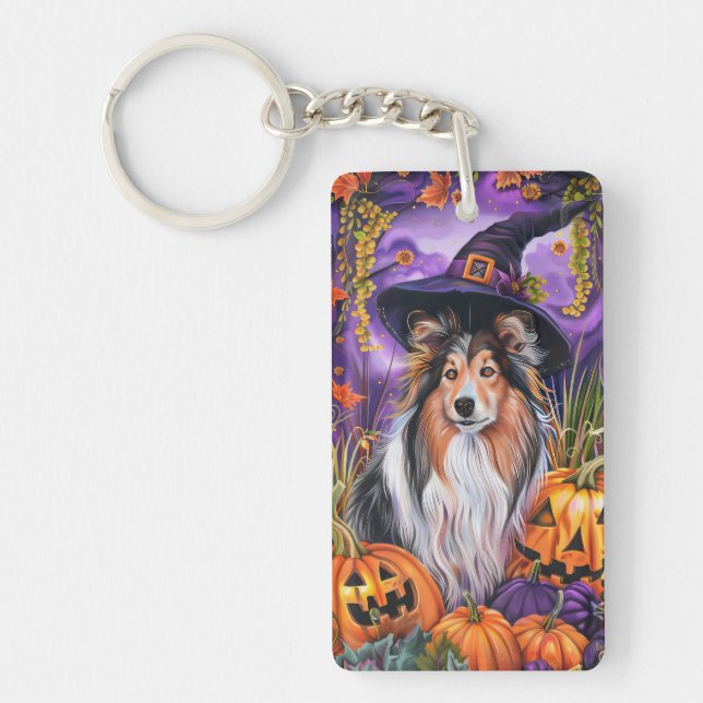 Spooky Shetland Sheepdog Halloween Witch Pumpkin Keychain (Front)