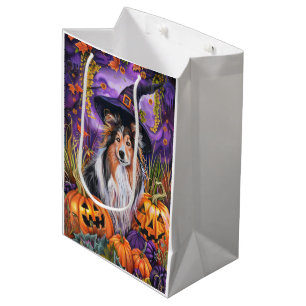 Spooky Shetland Sheepdog Halloween Witch Pumpkin Medium Gift Bag