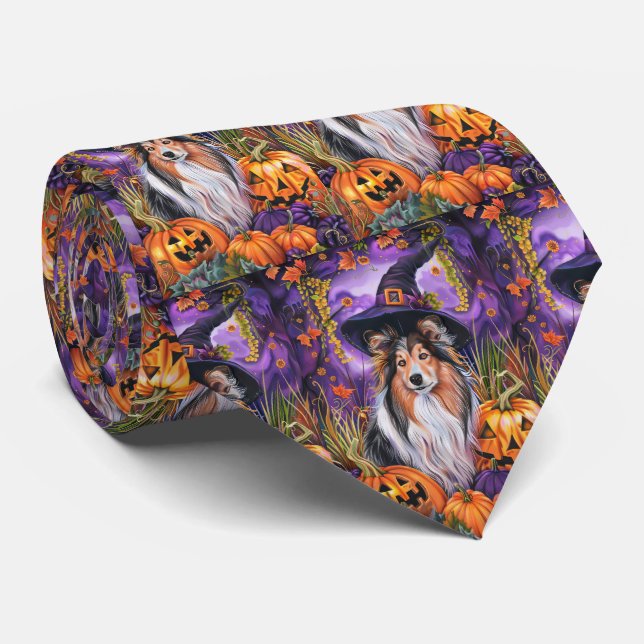 Spooky Shetland Sheepdog Halloween Witch Pumpkin Neck Tie (Rolled)