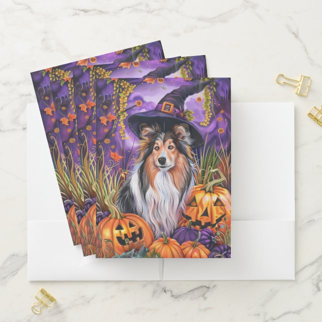Spooky Shetland Sheepdog Halloween Witch Pumpkin Pocket Folder (In Situ)