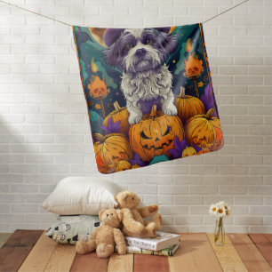 Spooky Shih Tzu Dog Halloween Witch And Pumpkin Baby Blanket