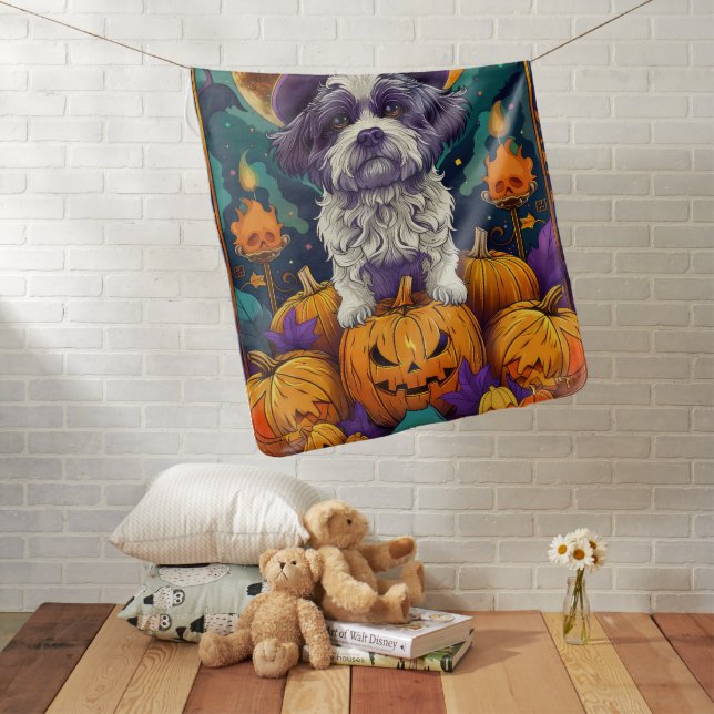 Spooky Shih Tzu Dog Halloween Witch And Pumpkin  Baby Blanket (In Situ)