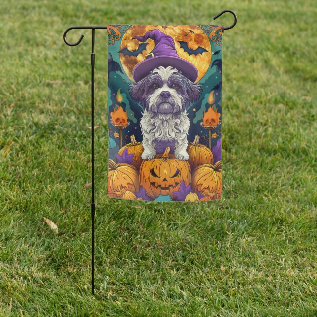 Spooky Shih Tzu Dog Halloween Witch And Pumpkin  Garden Flag (In SItu)