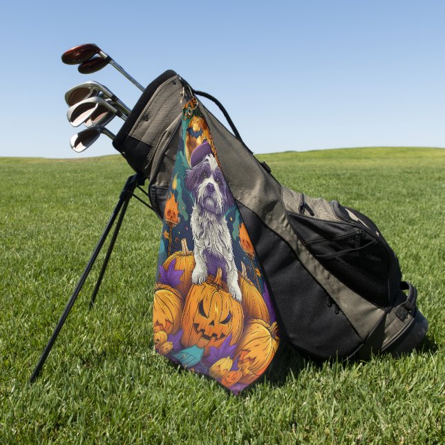 Spooky Shih Tzu Dog Halloween Witch And Pumpkin  Golf Towel (Green)