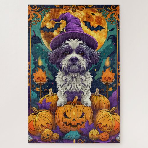 Spooky Shih Tzu Dog Halloween Witch And Pumpkin  Jigsaw Puzzle