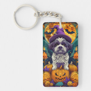Spooky Shih Tzu Dog Halloween Witch And Pumpkin Keychain