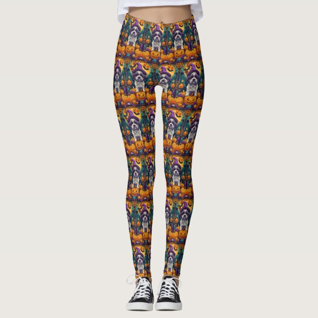 Spooky Shih Tzu Dog Halloween Witch And Pumpkin  Leggings (Front)