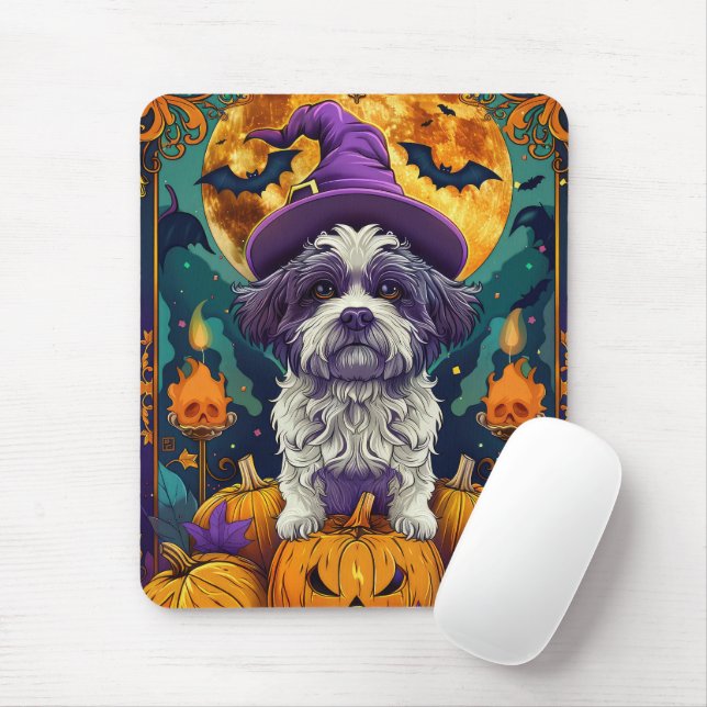 Spooky Shih Tzu Dog Halloween Witch And Pumpkin  Mouse Pad (With Mouse)