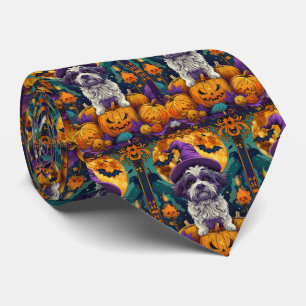Spooky Shih Tzu Dog Halloween Witch And Pumpkin Neck Tie