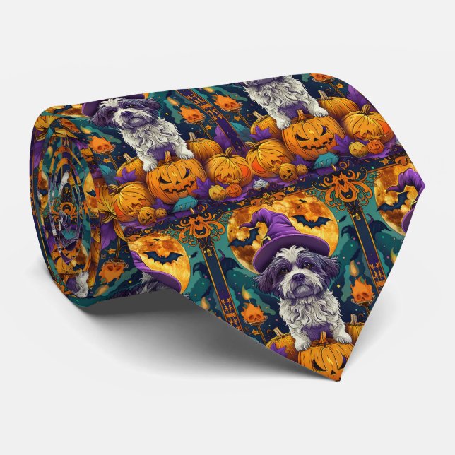 Spooky Shih Tzu Dog Halloween Witch And Pumpkin  Neck Tie (Rolled)
