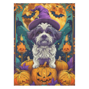 Spooky Shih Tzu Dog Halloween Witch And Pumpkin  Tablecloth