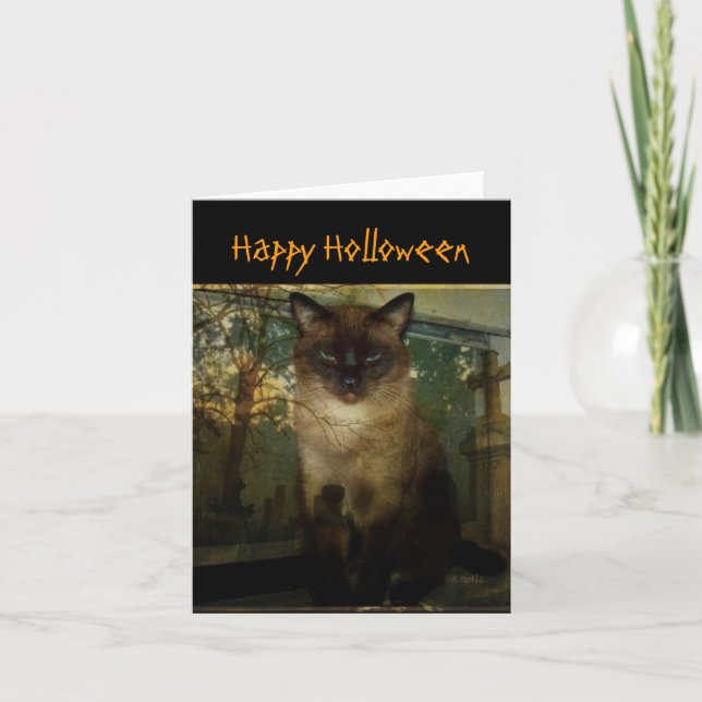 Spooky Siamese Cat Halloween Greeting Card (Front)