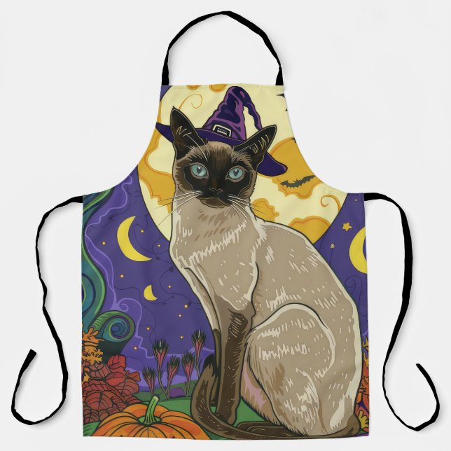 Spooky Siamese Cat Halloween Witch And Pumpkin Apron (Front)