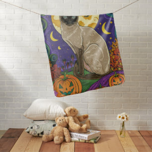 Spooky Siamese Cat Halloween Witch And Pumpkin Baby Blanket